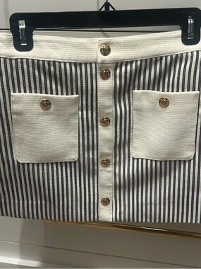 Celine Striped Button-Front Mini Skirt in Cream and Navy xs-s
